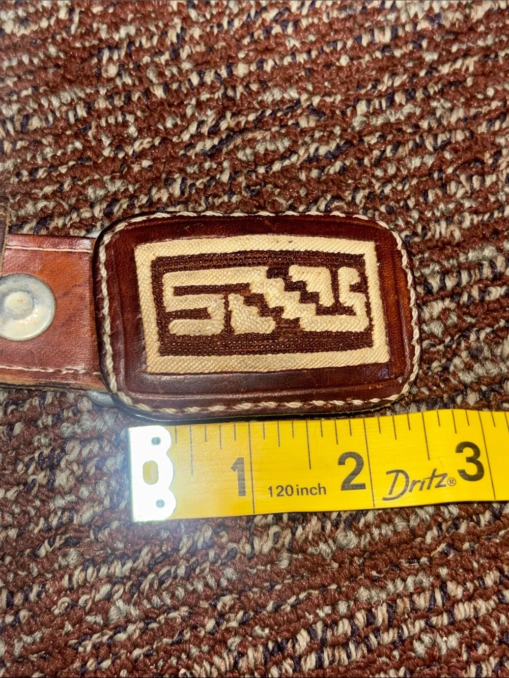Western embroidered charro cowboy belt cream brown leather Aztec geometric 34